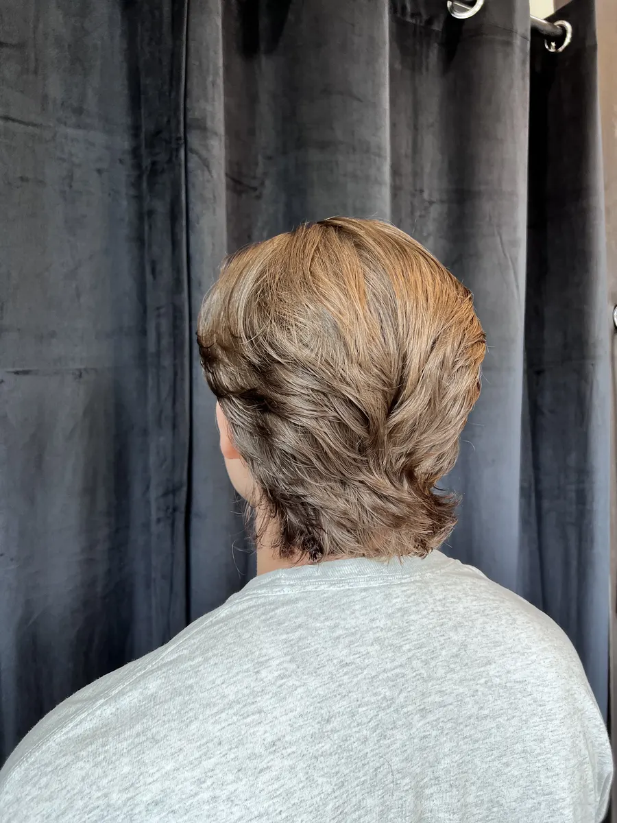 Men's blonde highlights short haircut at The Gilded Edge, West Seattle salon
